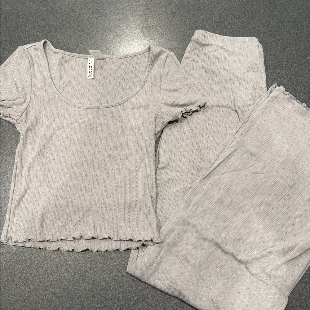 Divided pointelle Short Sleeve Top & Lounge Pants - Light Gray pajama set